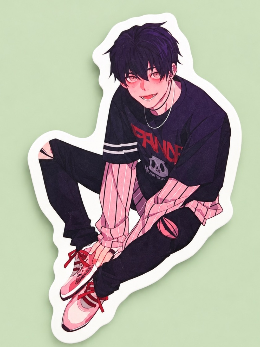 Alt Anime Boy Black Hair Pink Punk Streetwear Vinyl Sticker